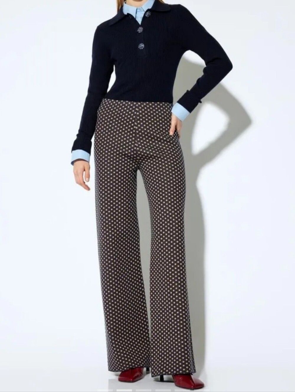 Koton x Melis Agazat Relaxed Fit Patterned Wide Leg Knit Stretchy Waist Trousers